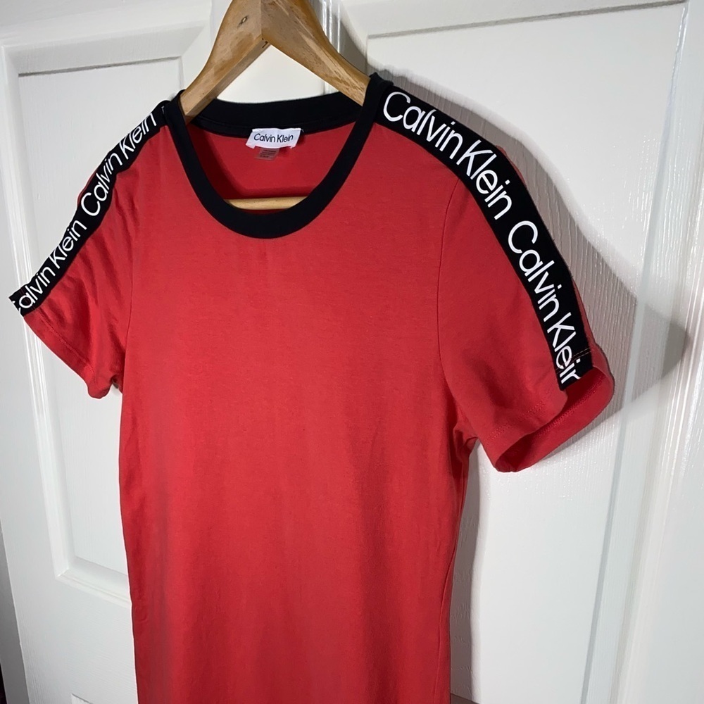 Calvin Klein Women's Short Sleeve Logo T-Shirt Dress, Red Hot, Everyday Casual - Picture 5 of 6
